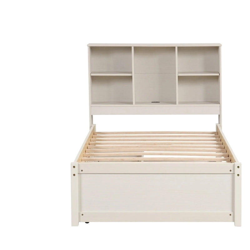 Modern Twin Size Bed Frame With Built-in USB Port on Bookcase Headboard and 2 Drawers for bedRoom, Living Room