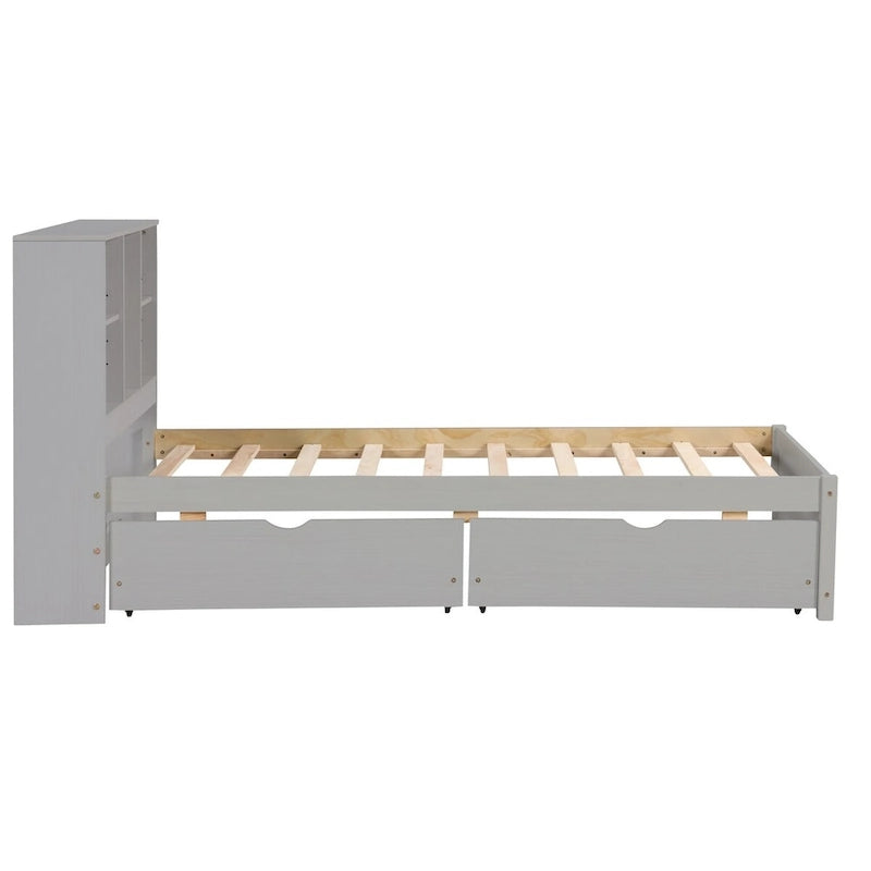 Modern Twin Size Bed Frame With Built-in USB Port on Bookcase Headboard and 2 Drawers for bedRoom, Living Room