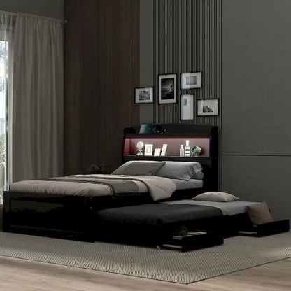 Twin XL Size Platform Bed with Storage LED Headboard, Charging Station, Twin Size Trundle and 2 Drawers
