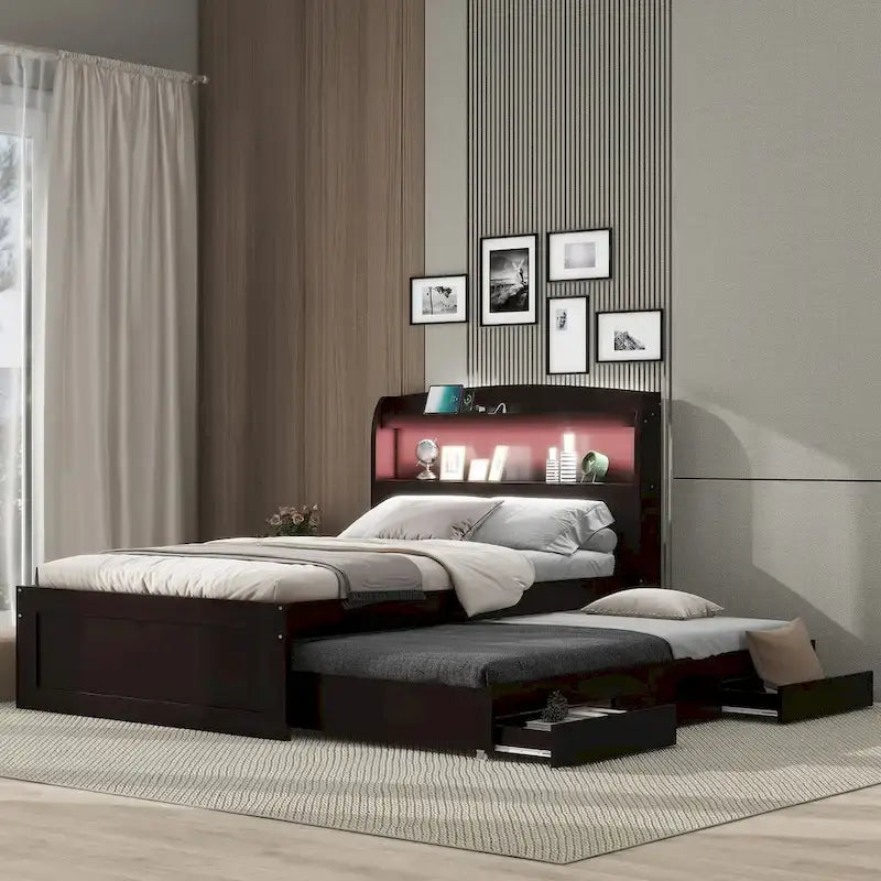 Twin XL Size Platform Bed with Storage LED Headboard, Charging Station, Twin Size Trundle and 2 Drawers