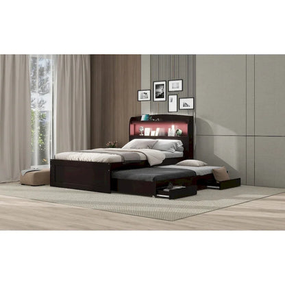 Twin XL Size Platform Bed with Storage LED Headboard, Charging Station, Twin Size Trundle and 2 Drawers