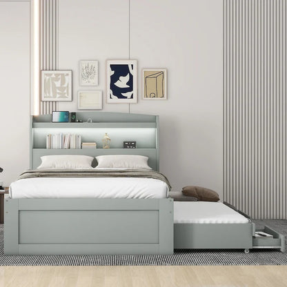 Twin XL Size Platform Bed with Storage LED Headboard, Charging Station, Twin Size Trundle and 2 Drawers