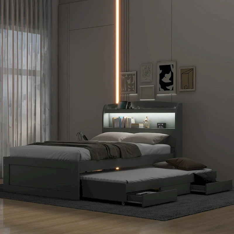 Twin XL Size Platform Bed with Storage LED Headboard, Charging Station, Twin Size Trundle and 2 Drawers
