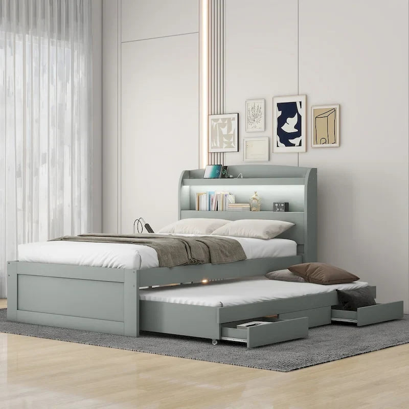 Twin XL Size Platform Bed with Storage LED Headboard, Charging Station, Twin Size Trundle and 2 Drawers