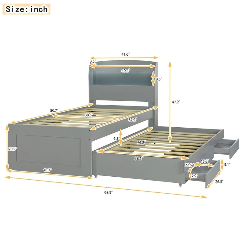 Twin XL Size Platform Bed with Storage LED Headboard, Charging Station, Twin Size Trundle and 2 Drawers