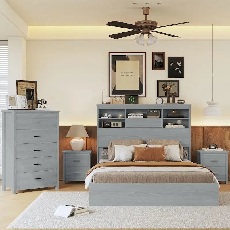 4-Pieces Bedroom Sets Queen Size Vintage Wooden Bed Frame with 2 Nightstands and 1 Dresser