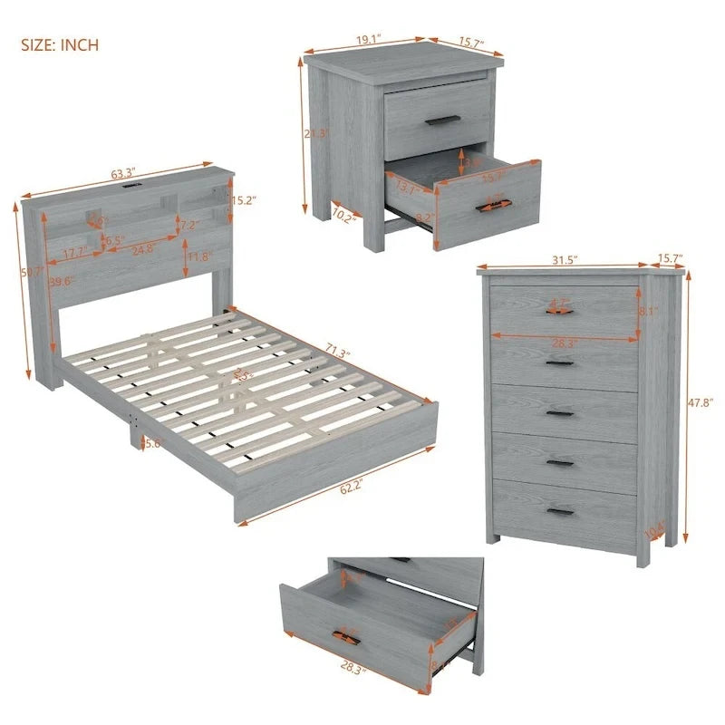 4-Pieces Bedroom Sets Queen Size Vintage Wooden Bed Frame with 2 Nightstands and 1 Dresser