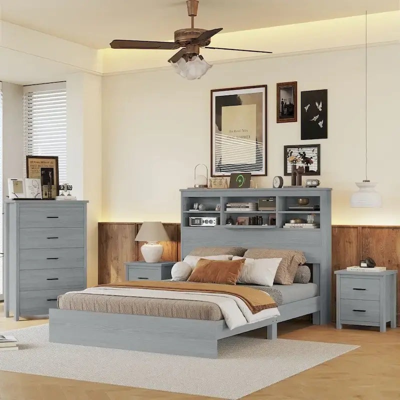4-Pieces Bedroom Sets Queen Size Vintage Wooden Bed Frame with 2 Nightstands and 1 Dresser
