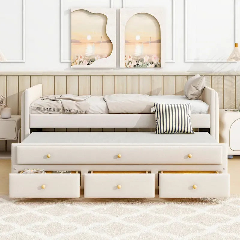 Upholstered Daybed with Twin Size Trundle and Drawers