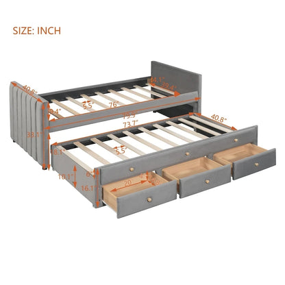 Upholstered Daybed with Twin Size Trundle and Drawers