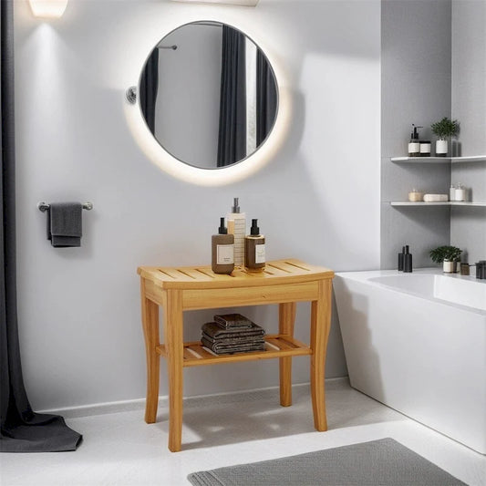 Long Bamboo Shower Bench Seat,Wooden Spa Shower Stool w/Storage Shelf
