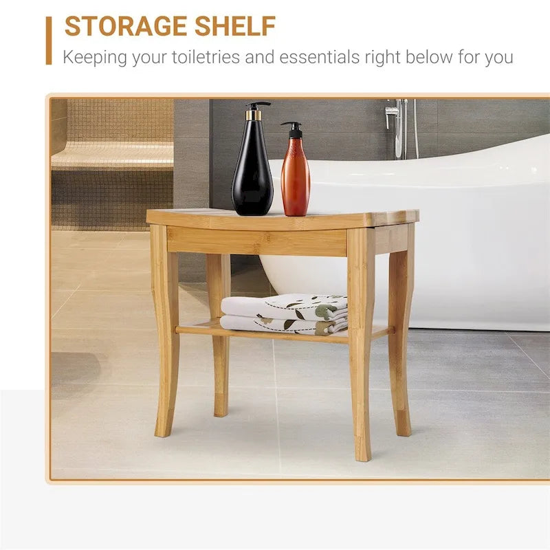Long Bamboo Shower Bench Seat,Wooden Spa Shower Stool w/Storage Shelf