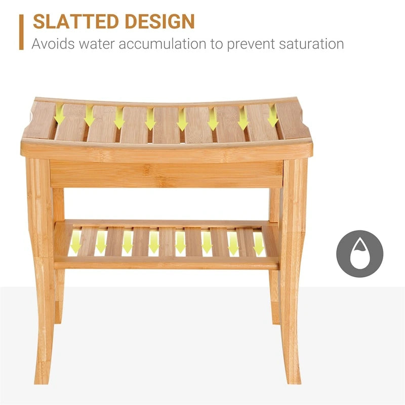 Long Bamboo Shower Bench Seat,Wooden Spa Shower Stool w/Storage Shelf