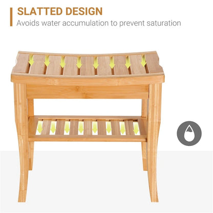 Long Bamboo Shower Bench Seat,Wooden Spa Shower Stool w/Storage Shelf
