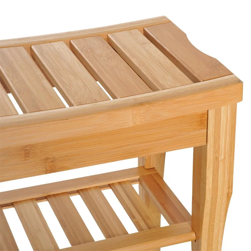 Long Bamboo Shower Bench Seat,Wooden Spa Shower Stool w/Storage Shelf
