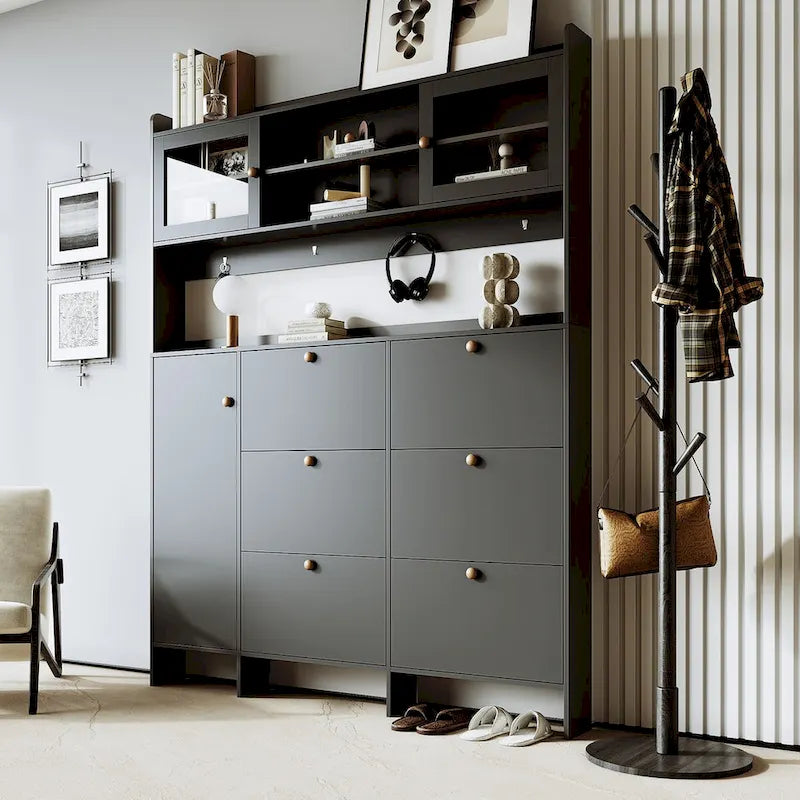 Shoe Cabinet with Storage Shelf & 6 Flip Drawers,Large Hall Tree with Tempered Glass Doors, Elegant Foyer Cabinet with 4 Hooks