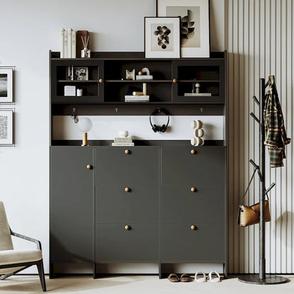 Shoe Cabinet with Storage Shelf & 6 Flip Drawers,Large Hall Tree with Tempered Glass Doors, Elegant Foyer Cabinet with 4 Hooks