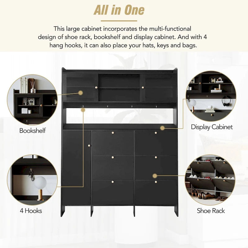 Shoe Cabinet with Storage Shelf & 6 Flip Drawers,Large Hall Tree with Tempered Glass Doors, Elegant Foyer Cabinet with 4 Hooks