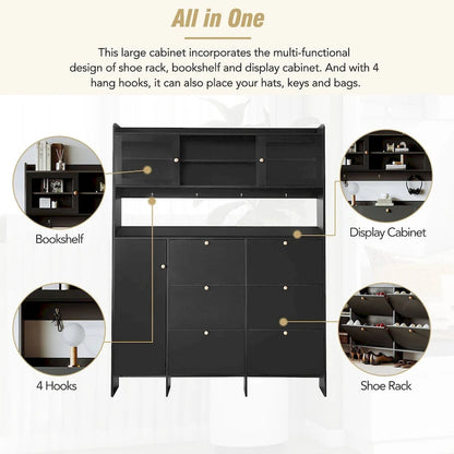 Shoe Cabinet with Storage Shelf & 6 Flip Drawers,Large Hall Tree with Tempered Glass Doors, Elegant Foyer Cabinet with 4 Hooks