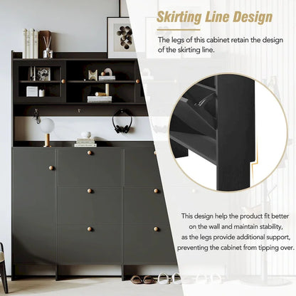 Shoe Cabinet with Storage Shelf & 6 Flip Drawers,Large Hall Tree with Tempered Glass Doors, Elegant Foyer Cabinet with 4 Hooks