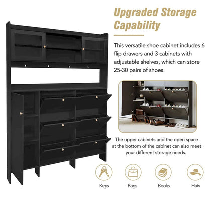 Shoe Cabinet with Storage Shelf & 6 Flip Drawers,Large Hall Tree with Tempered Glass Doors, Elegant Foyer Cabinet with 4 Hooks