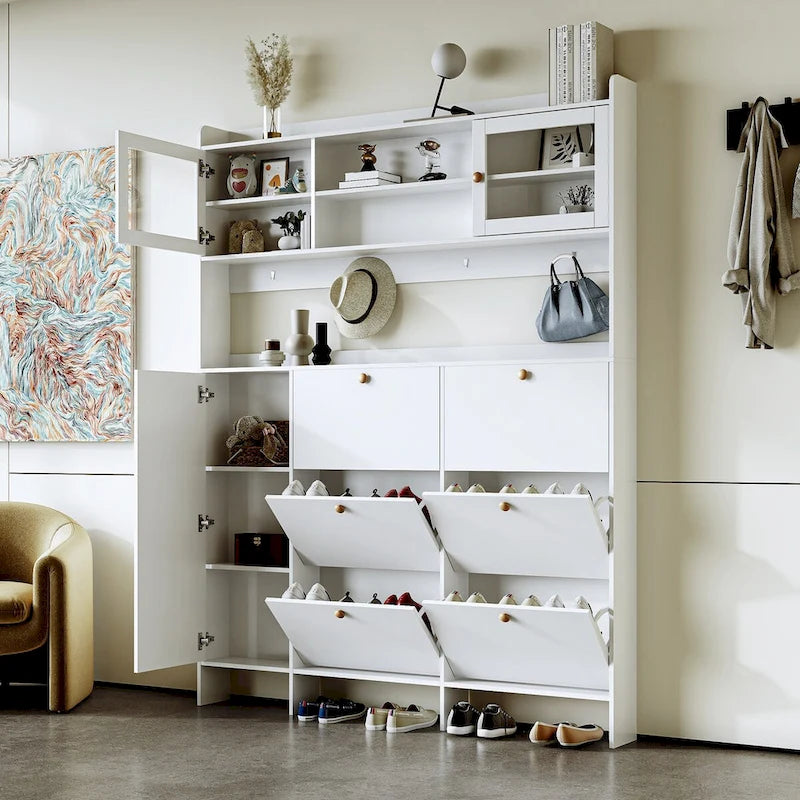 Shoe Cabinet with Storage Shelf & 6 Flip Drawers,Large Hall Tree with Tempered Glass Doors, Elegant Foyer Cabinet with 4 Hooks