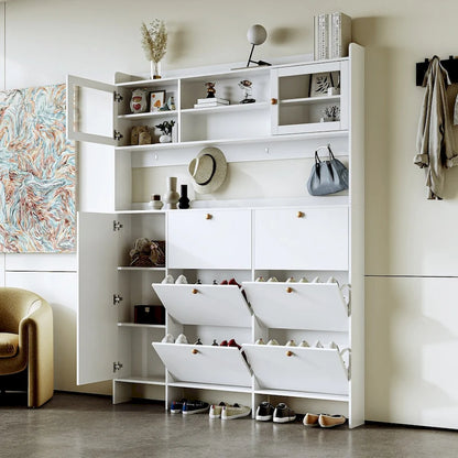 Shoe Cabinet with Storage Shelf & 6 Flip Drawers,Large Hall Tree with Tempered Glass Doors, Elegant Foyer Cabinet with 4 Hooks
