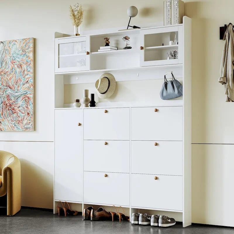 Shoe Cabinet with Storage Shelf & 6 Flip Drawers,Large Hall Tree with Tempered Glass Doors, Elegant Foyer Cabinet with 4 Hooks