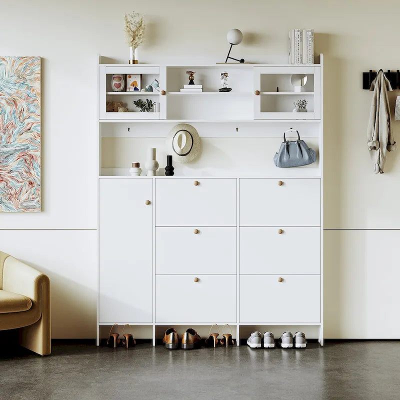 Shoe Cabinet with Storage Shelf & 6 Flip Drawers,Large Hall Tree with Tempered Glass Doors, Elegant Foyer Cabinet with 4 Hooks