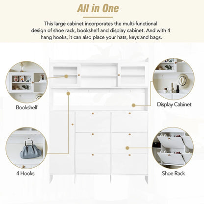 Shoe Cabinet with Storage Shelf & 6 Flip Drawers,Large Hall Tree with Tempered Glass Doors, Elegant Foyer Cabinet with 4 Hooks