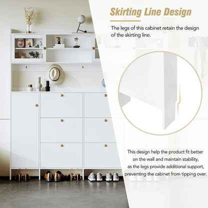 Shoe Cabinet with Storage Shelf & 6 Flip Drawers,Large Hall Tree with Tempered Glass Doors, Elegant Foyer Cabinet with 4 Hooks