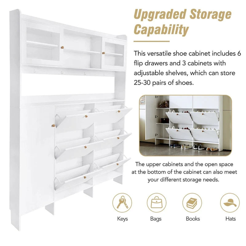Shoe Cabinet with Storage Shelf & 6 Flip Drawers,Large Hall Tree with Tempered Glass Doors, Elegant Foyer Cabinet with 4 Hooks