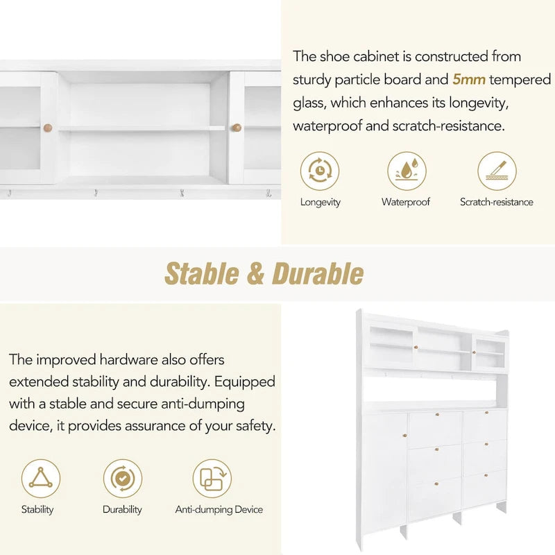 Shoe Cabinet with Storage Shelf & 6 Flip Drawers,Large Hall Tree with Tempered Glass Doors, Elegant Foyer Cabinet with 4 Hooks