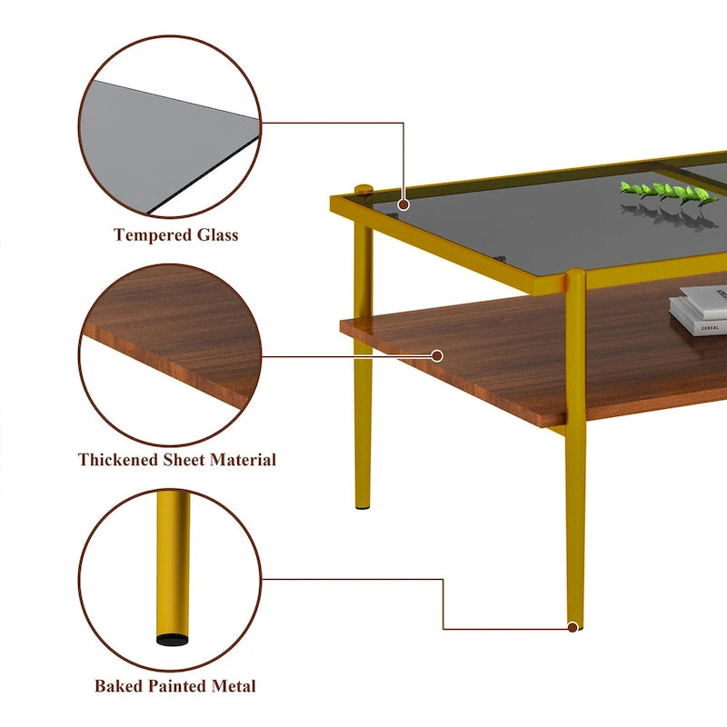Rectangle Coffee Table with Tempered Glass top,Modern Table for Living Room