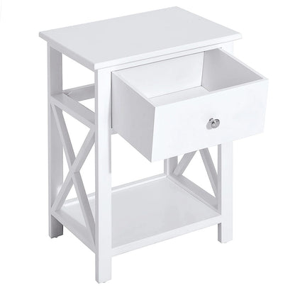 Side Table, Farmhouse End Table with Storage Drawer, Open Shelf and X-frame, Bedside Table for Living Room, White