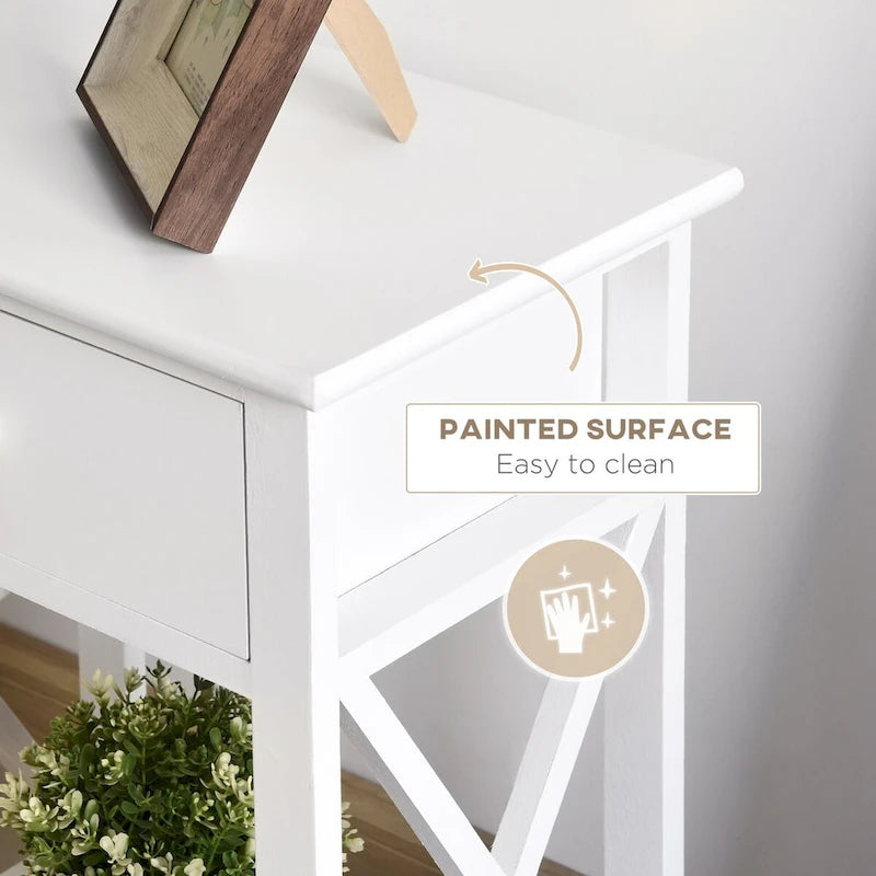 Side Table, Farmhouse End Table with Storage Drawer, Open Shelf and X-frame, Bedside Table for Living Room, White