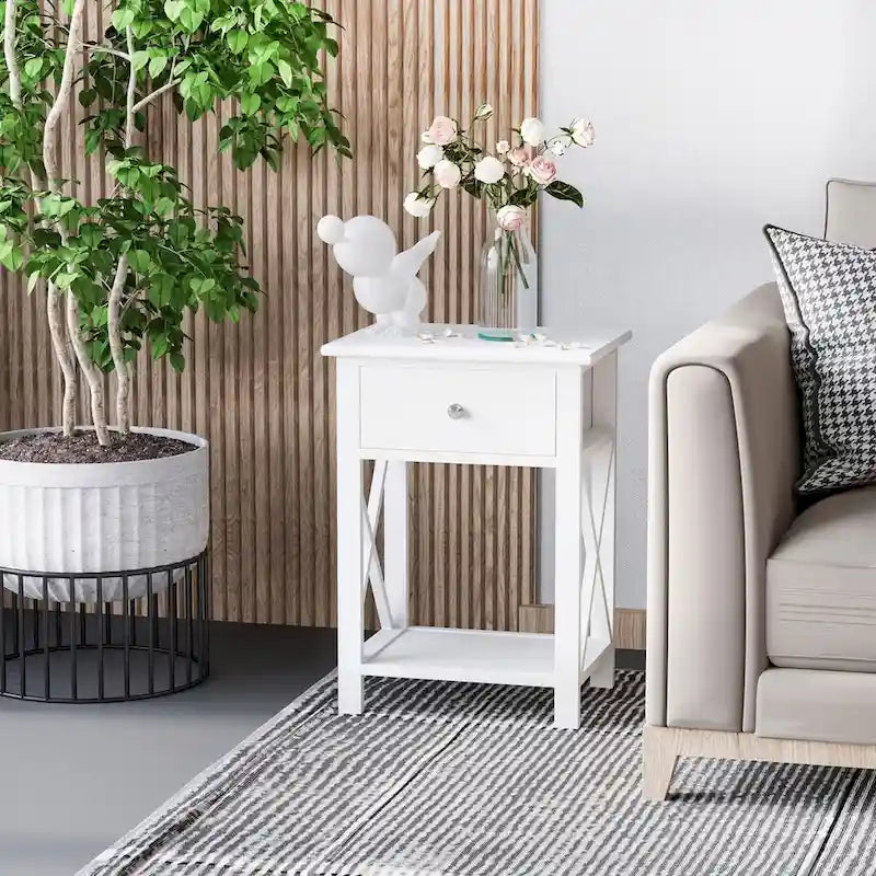 Side Table, Farmhouse End Table with Storage Drawer, Open Shelf and X-frame, Bedside Table for Living Room, White
