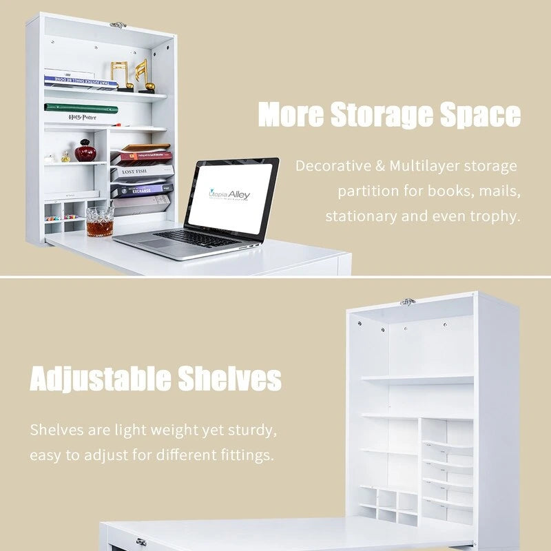Utopia Alley Fold Down Desk Table Wall Cabinet With Chalkboard, White