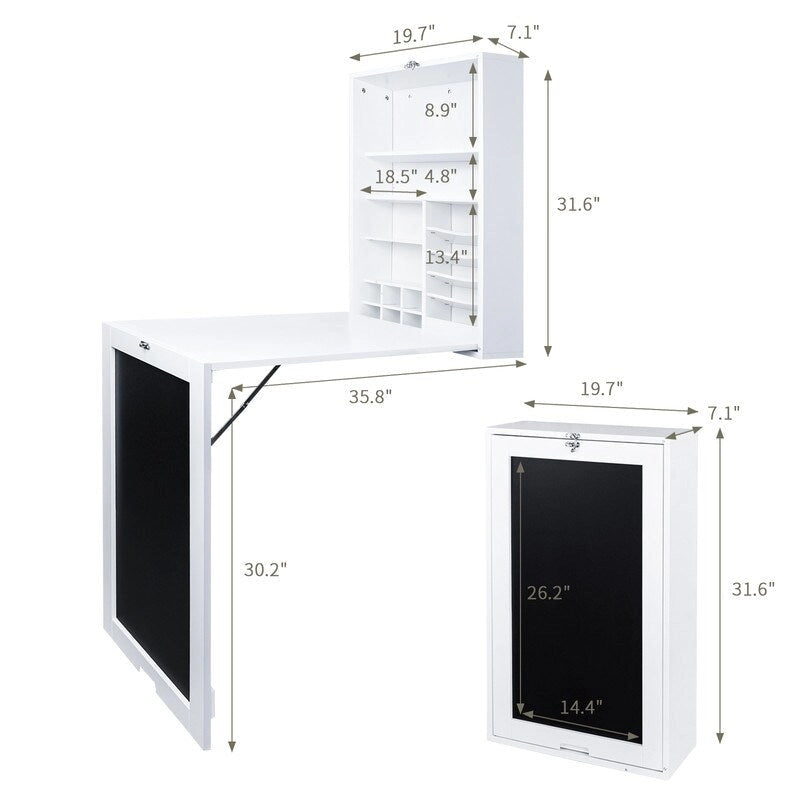 Utopia Alley Fold Down Desk Table Wall Cabinet With Chalkboard, White