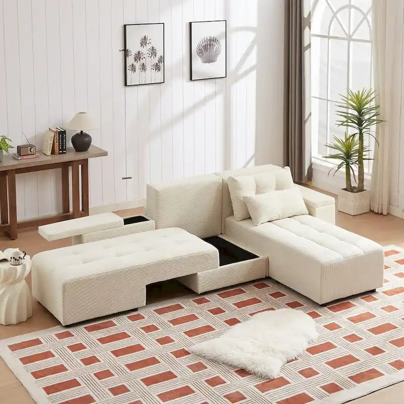 Modular Corduroy Sleeper Sofa & Sectional Set,Beige, 3-in-1 Design