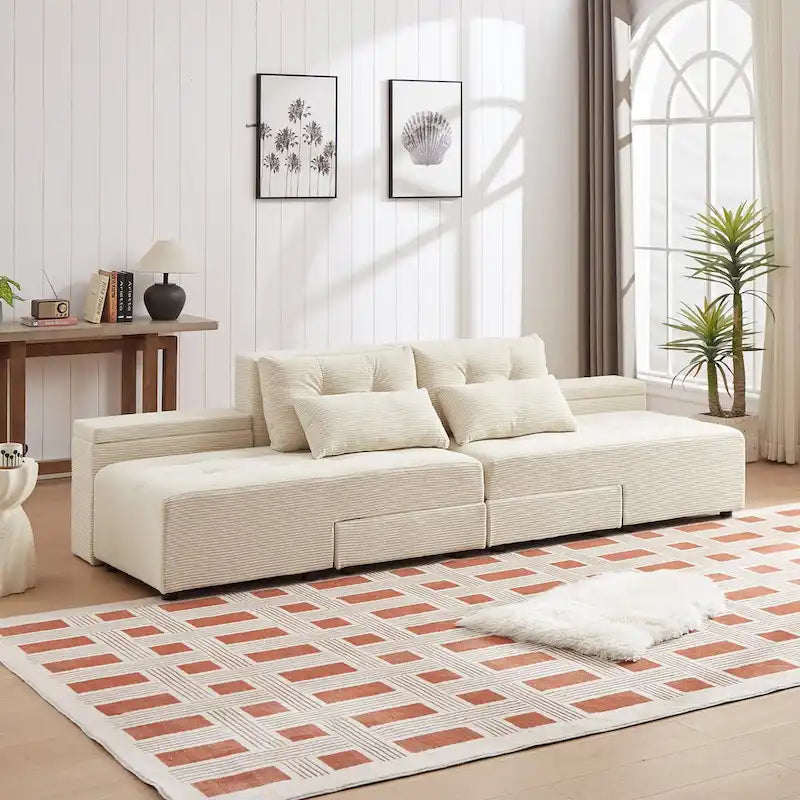 Modular Corduroy Sleeper Sofa & Sectional Set,Beige, 3-in-1 Design