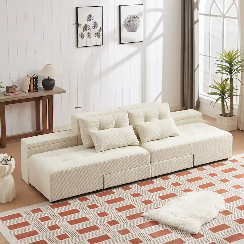 Modular Corduroy Sleeper Sofa & Sectional Set,Beige, 3-in-1 Design