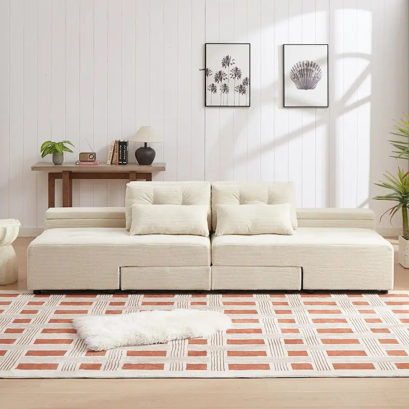 Modular Corduroy Sleeper Sofa & Sectional Set,Beige, 3-in-1 Design