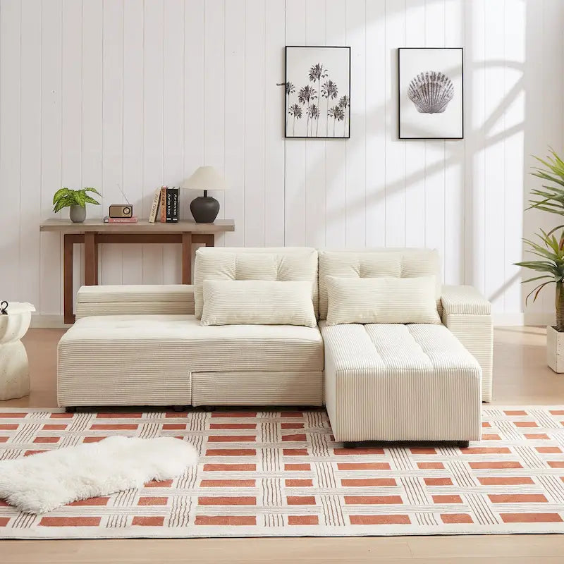 Modular Corduroy Sleeper Sofa & Sectional Set,Beige, 3-in-1 Design