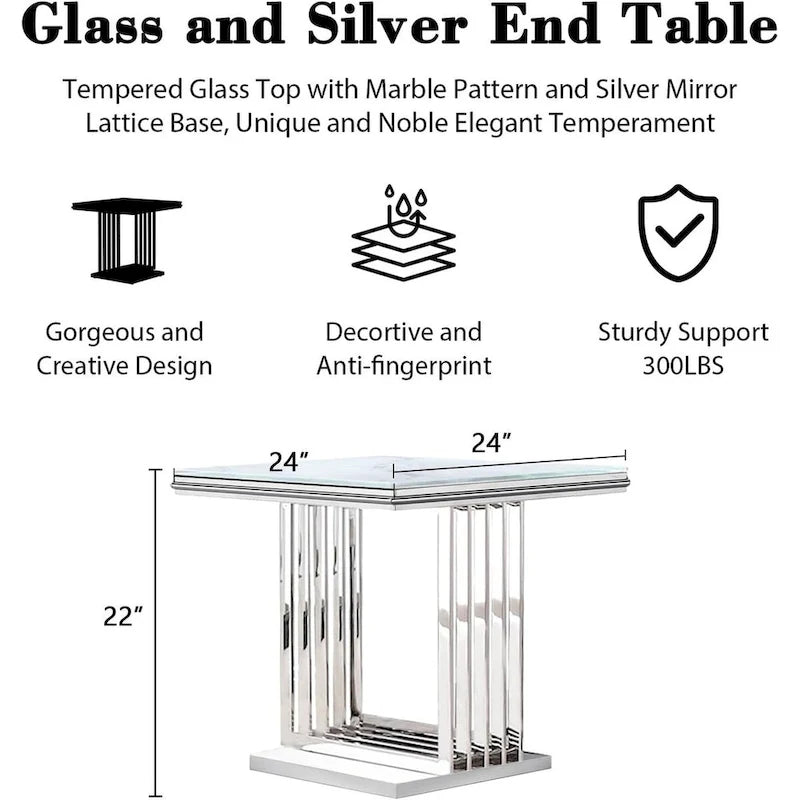 Luxurious Silver and Glass End Table with 24 inch Square Top and Stainless Steel Base