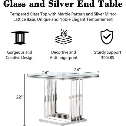 Luxurious Silver and Glass End Table with 24 inch Square Top and Stainless Steel Base