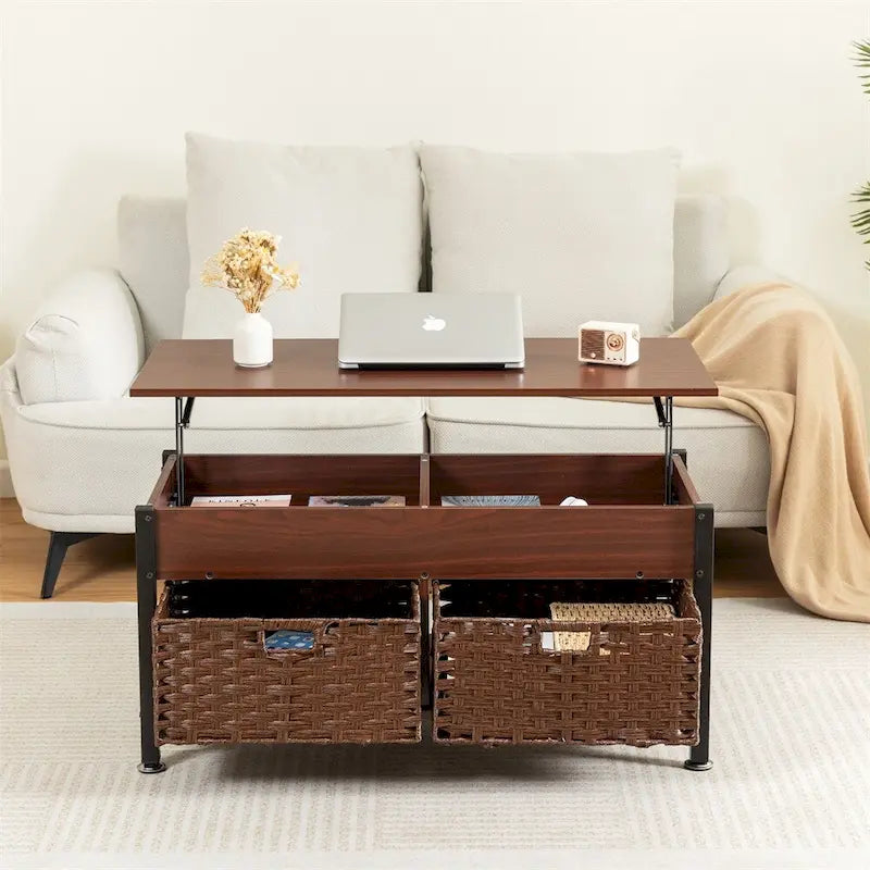 Metal Coffee Table with a Lifting Table and Hidden Storage Space
