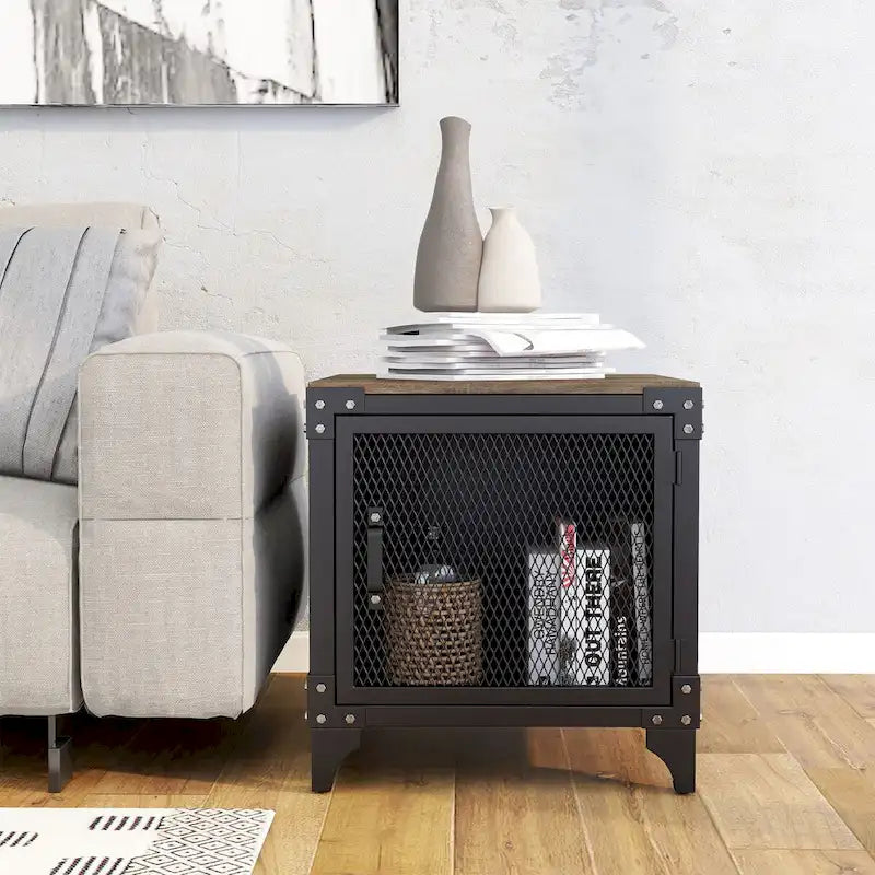Conner Rustic Dark Walnut Steel 2-Piece Storage Coffee and End Table Set by Furniture of America