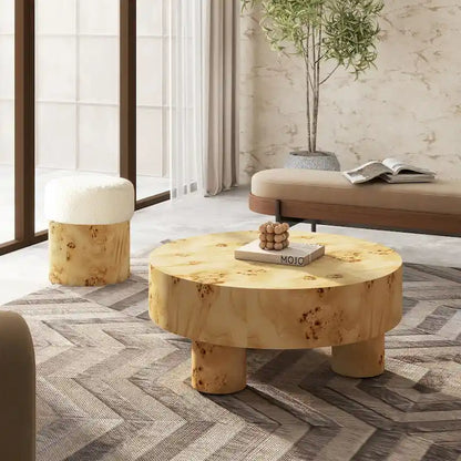 Nebula 35.5 Burl Wood Round Coffee Table with Pillar Legs