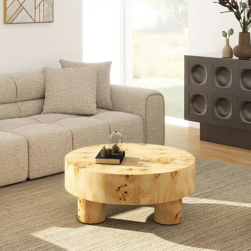 Nebula 35.5 Burl Wood Round Coffee Table with Pillar Legs